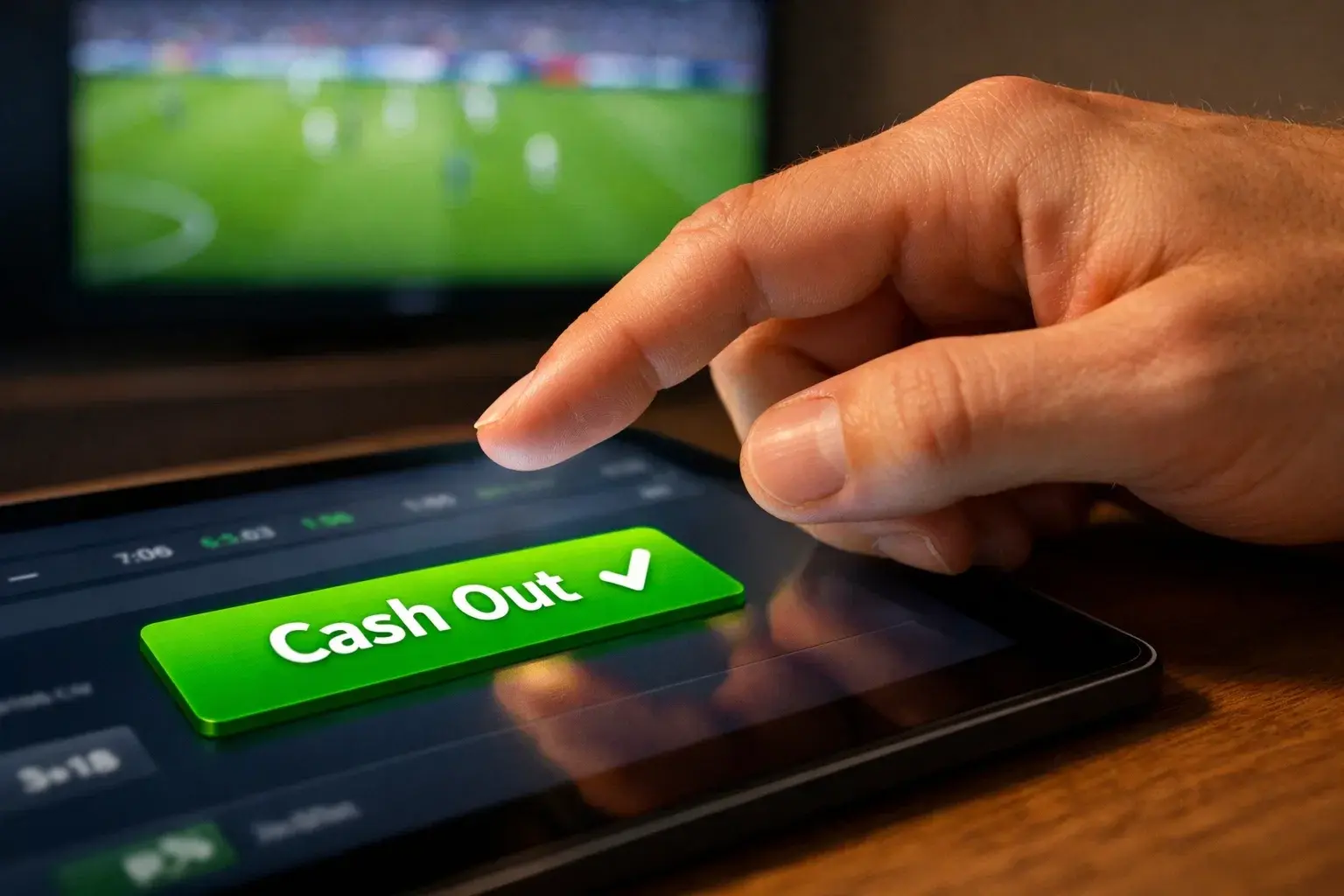 Cash out scommesse calcio con mano che preme pulsante verde