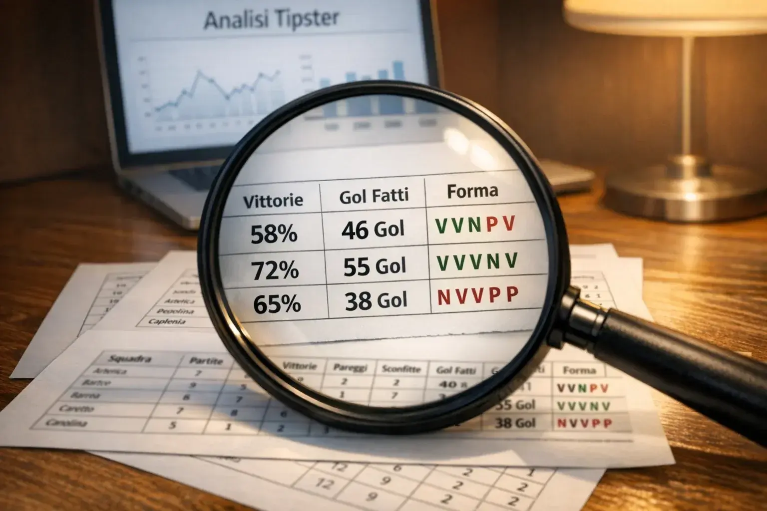 Tipster pronosticatore con lente di ingrandimento su statistiche