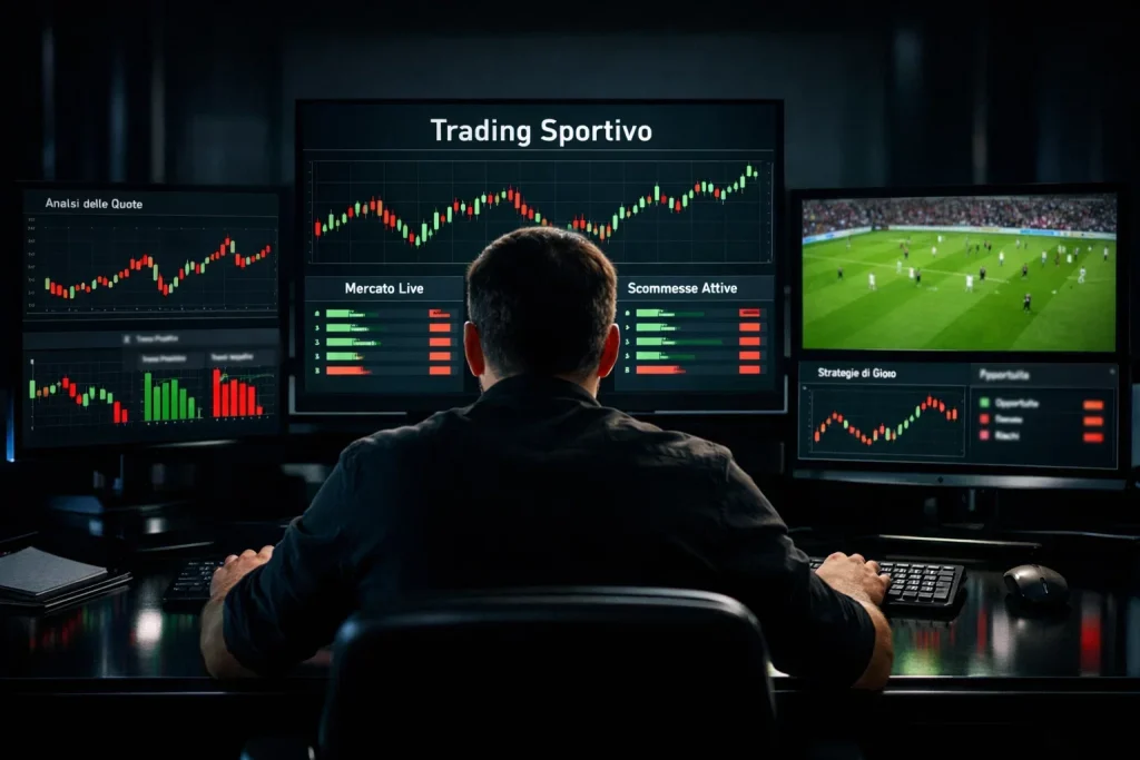 Trading sportivo calcio con monitor e grafici in tempo reale
